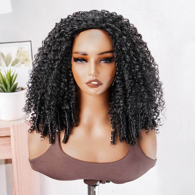 QVR Glueless Water Wave Half Wig 250% Density Human Hair Wig Natural Black Wear Go Flip Over Wig