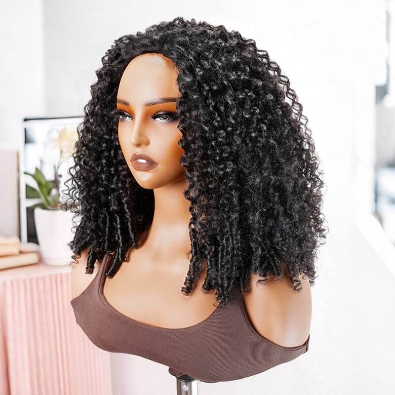 QVR Glueless Burmese Curly Half Wig 250% Density Human Hair Wig Wear Go Flip Over Wig