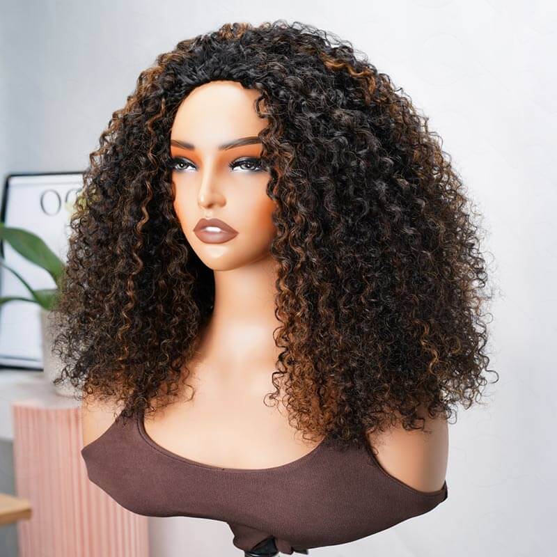 QVR Glueless Highlight Brown #1B/30 Twist Curly Half Wig 250% Density Human Hair Wig Wear Go Flip Over Wig