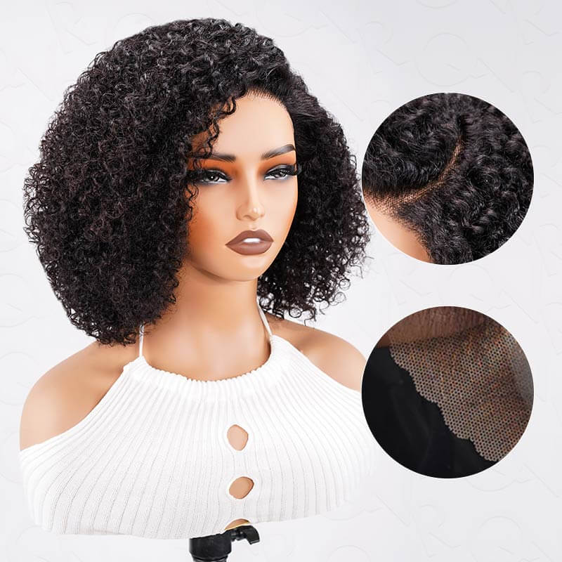 QVR Short Cut Curly Human Hair Minimalist Lace Glueless Side Part Wig