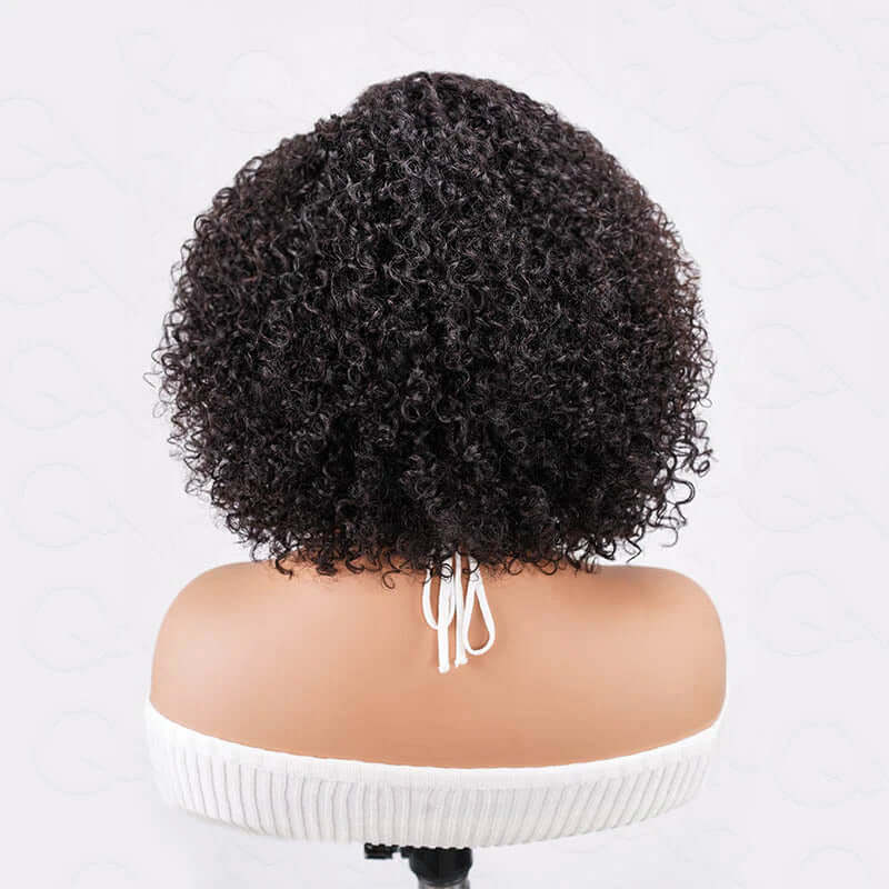 QVR Short Cut Curly Human Hair Minimalist Lace Glueless Side Part Wig