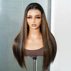 QVR Natural Hairline Brown Highlight Silky Straight Glueless 13x4 Pre-cut Lace Frontal Wig Human Hair