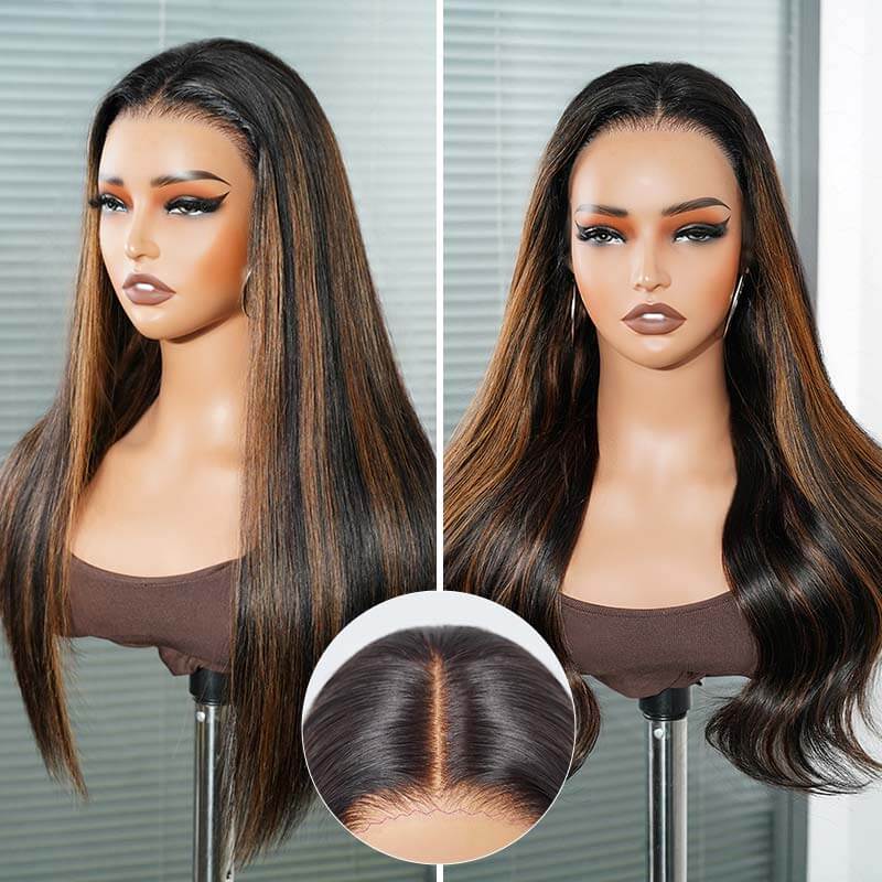 QVR Natural Hairline Brown Highlight Silky Straight Glueless 13x4 Pre-cut Lace Frontal Wig Human Hair