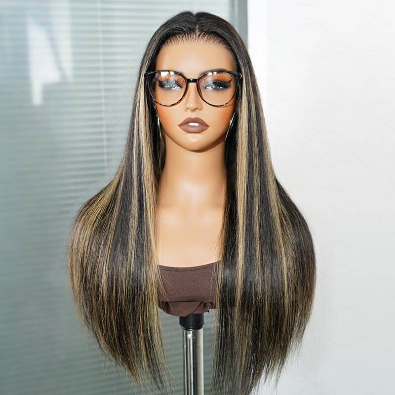 QVR Glueless Blonde Highlight Silky Straight 13x4 Pre-Cut Lace Frontal Wig Human Hair Wigs