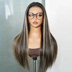 QVR Glueless Blonde Highlight Silky Straight 13x4 Pre-Cut Lace Frontal Wig Human Hair Wigs