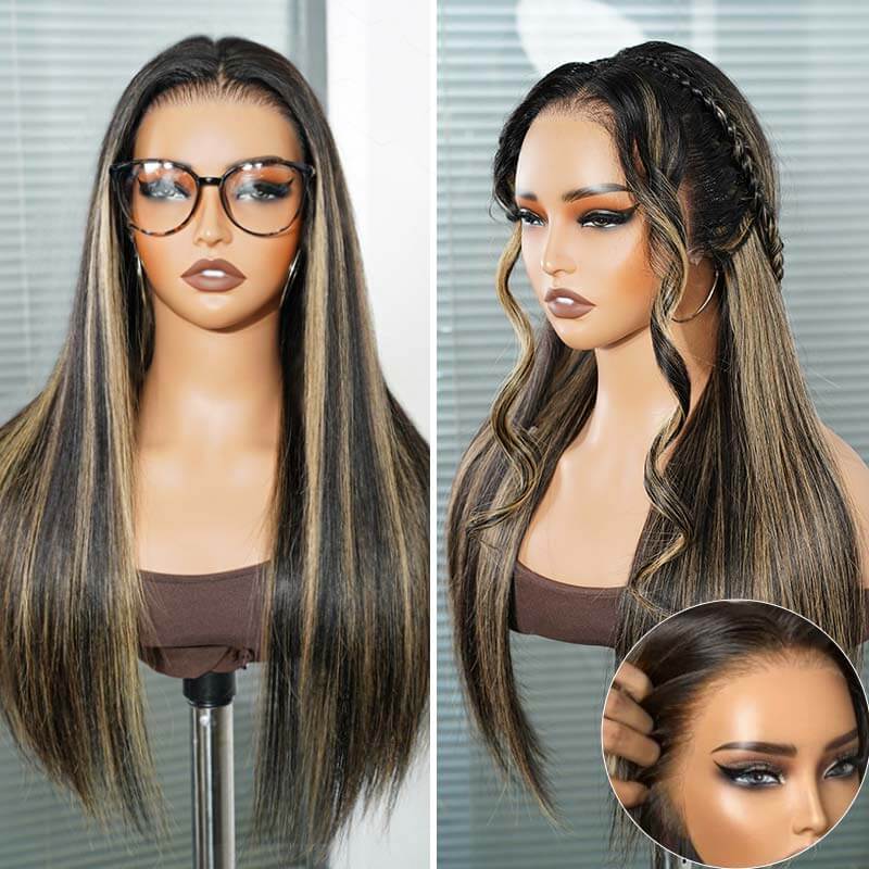 QVR Glueless Blonde Highlight Silky Straight 13x4 Pre-Cut Lace Frontal Wig Human Hair Wigs