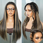 QVR Glueless Blonde Highlight Silky Straight 13x4 Pre-Cut Lace Frontal Wig Human Hair Wigs