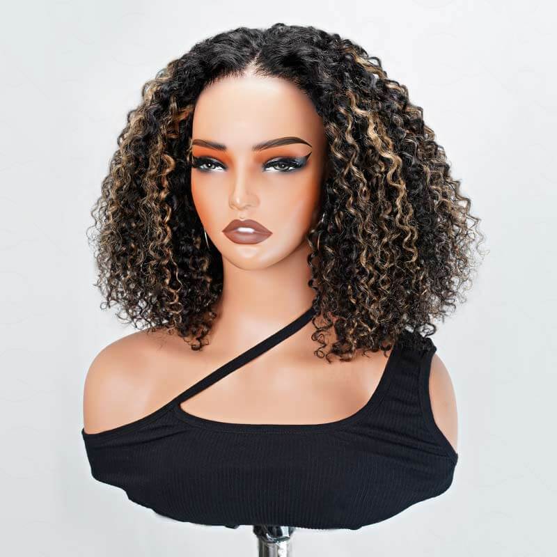 QVR Glueless Blonde Highlight Short Bob Wig Water Wave 5x5 Pre-cut Lace Closure Human Hair Wigs