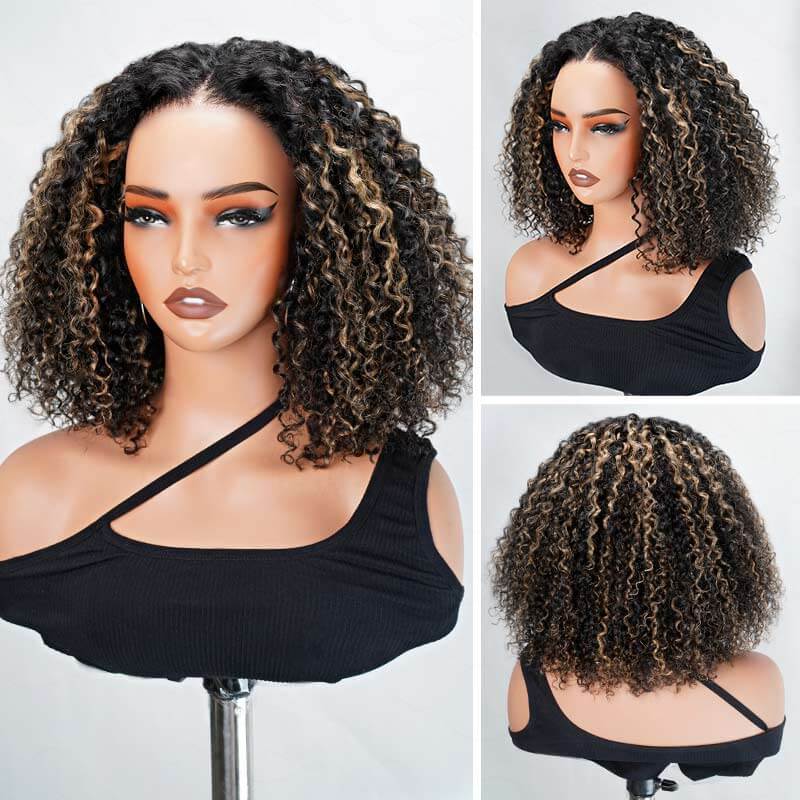 QVR Glueless Blonde Highlight Short Bob Wig Water Wave 5x5 Pre-cut Lace Closure Human Hair Wigs