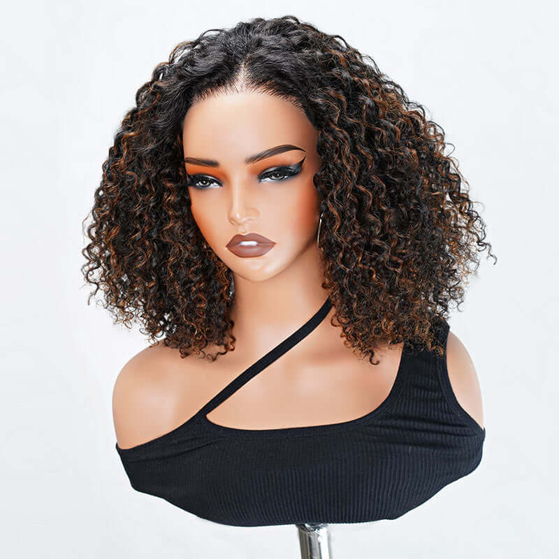 QVR Glueless Brown Highlight Short Bob Wig Deep Wave 5x5 Pre-cut Lace Closure Human Hair Wigs