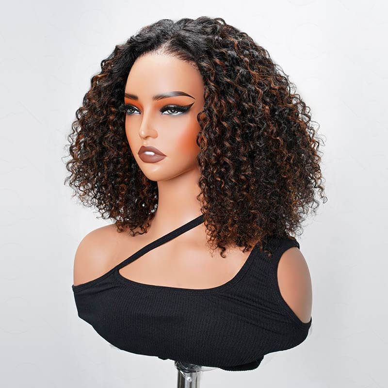 QVR Glueless Brown Highlight Short Bob Wig Deep Wave 5x5 Pre-cut Lace Closure Human Hair Wigs