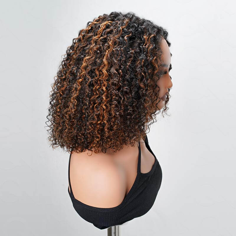 QVR Glueless Brown Highlight Short Bob Wig Deep Wave 5x5 Pre-cut Lace Closure Human Hair Wigs