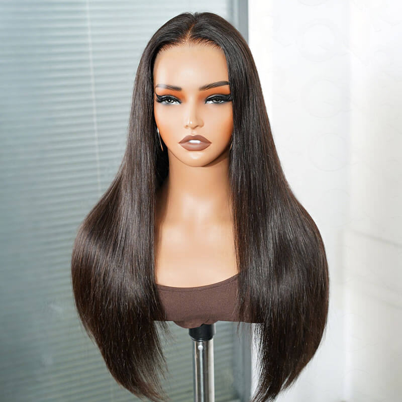 QVR Glueless Silky Straight 13x4 Pre-Cut Lace Frontal Wig 180% density Natural Black Human Hair Wigs