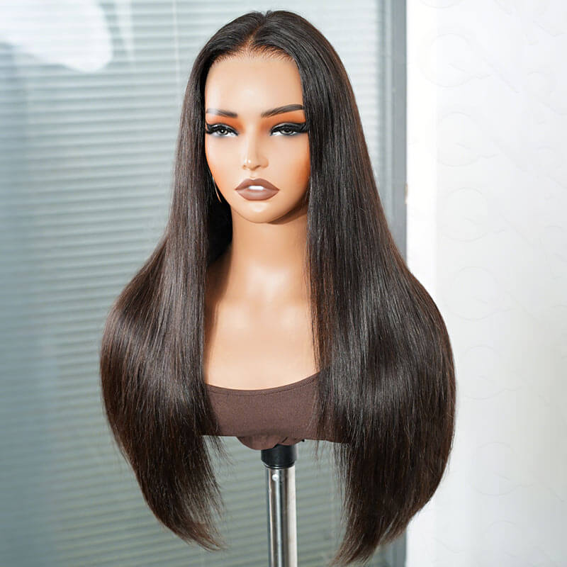 QVR Glueless Silky Straight 13x4 Pre-Cut Lace Frontal Wig 180% density Natural Black Human Hair Wigs