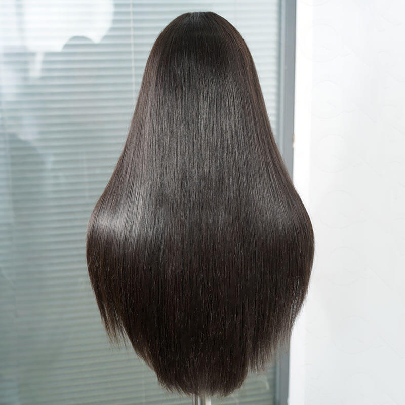 QVR Glueless Silky Straight 13x4 Pre-Cut Lace Frontal Wig 180% density Natural Black Human Hair Wigs