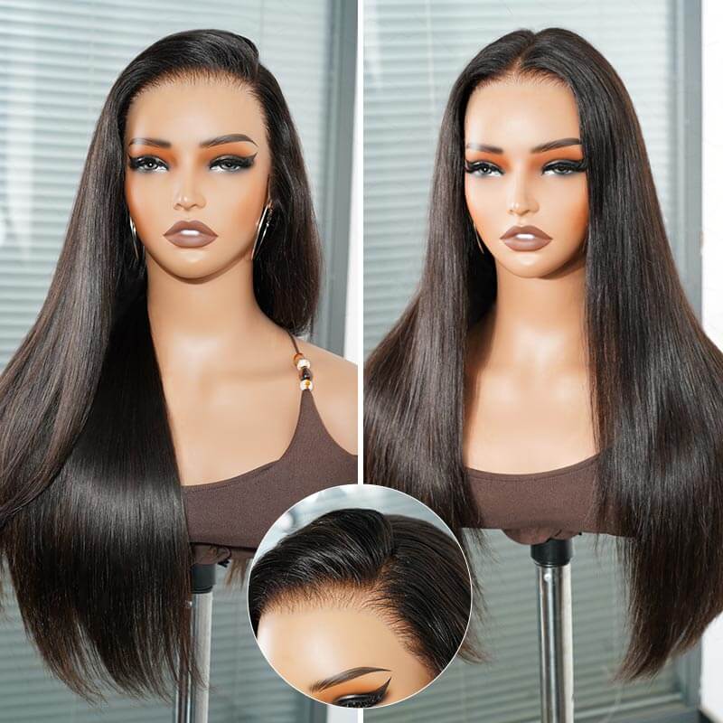 QVR Glueless Silky Straight 13x4 Pre-Cut Lace Frontal Wig 180% density Natural Black Human Hair Wigs