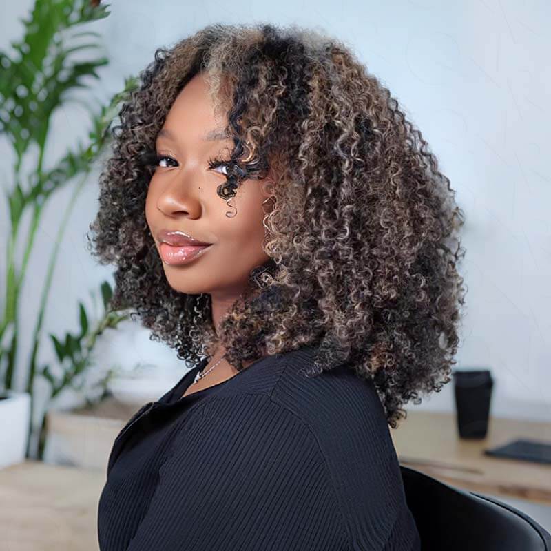 QVR Invisible Lace Edge Kinky Curly V Part Wigs Highlight #1B/27/613 No Leave Out Human Hair Wig