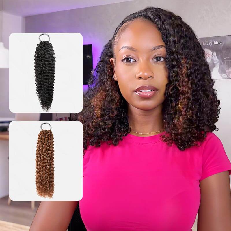 QVR Highlight Brown Small Kinky Curly Feather Crochet Hair Machine Made Feather Human Hair Extension
