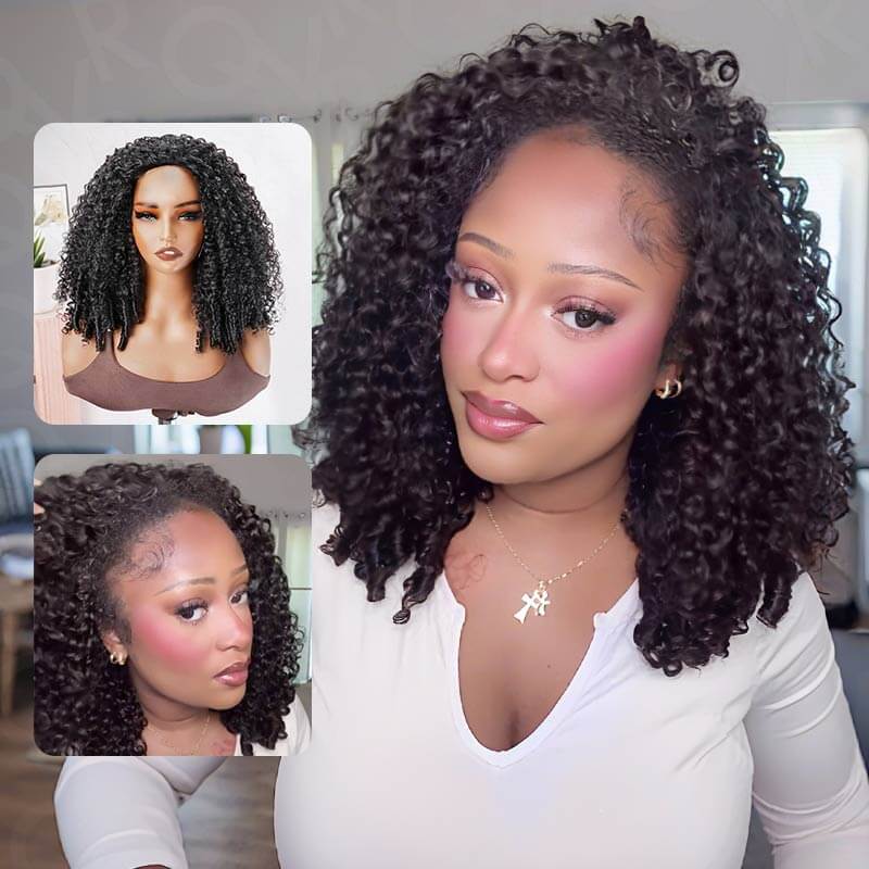 QVR Glueless Twist Curly Half Wig 250% Density Human Hair Wig Wear Go Flip Over Wig