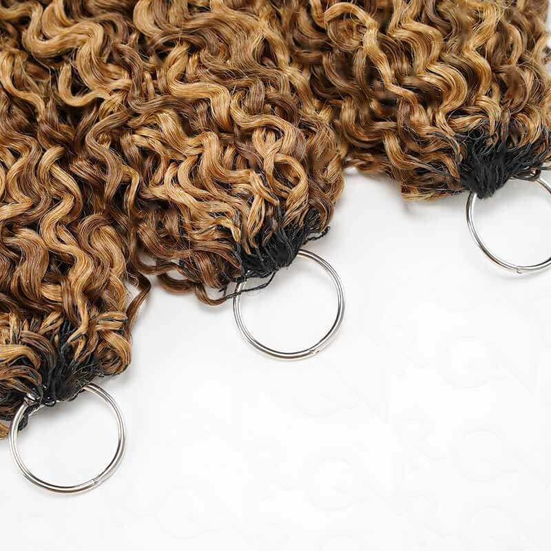 QVR Seamless Burmese Curly Feather Crochet Hair Highlight #P4/27 Machine Made Human Hair Extensions