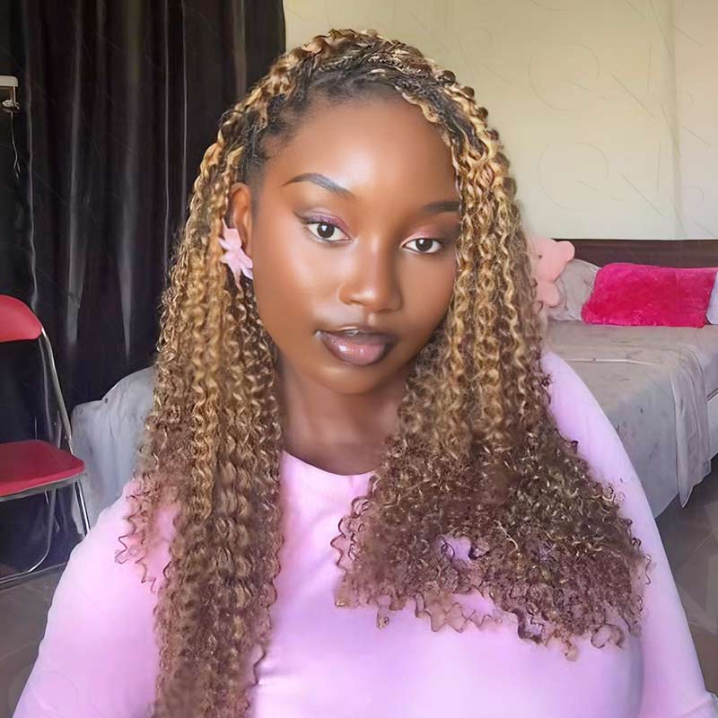 QVR Seamless Small Kinky Curly Feather Crochet Hair Highlight #P4/27 Machine Made Human Hair Extensions