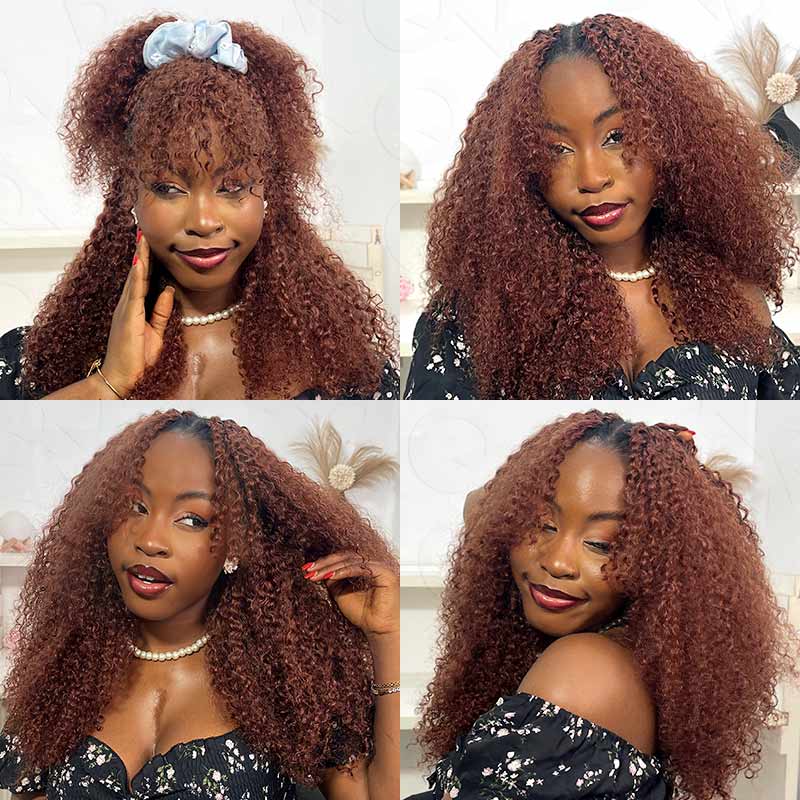 QVR Reddish Brown Human Crochet Hair Small Kinky Curly Machine Made #33B Feather Crochet Hairstyle
