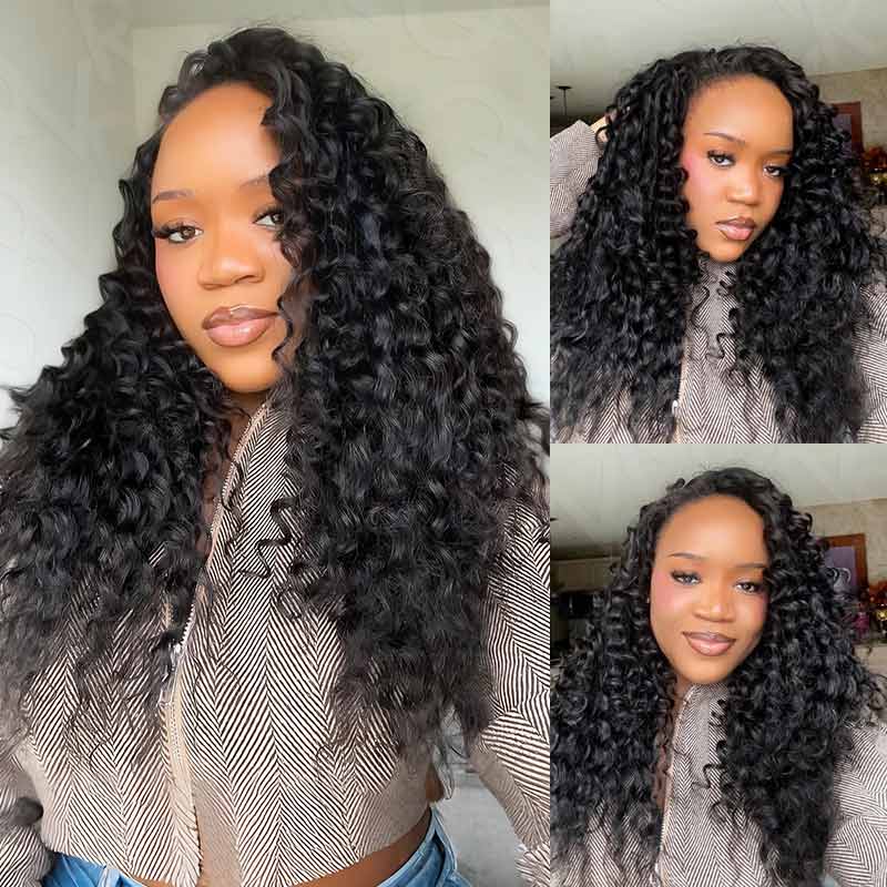 QVR Deep Wave Crochet Hair Natural Black Machine Made Feather Human Hair Extension