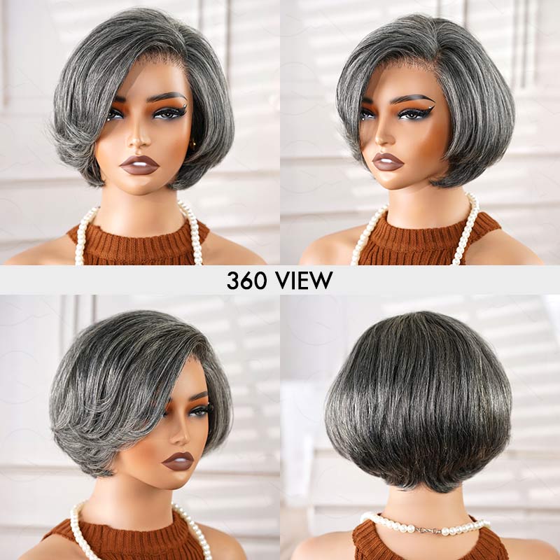 QVR Elegant Salt & Pepper Short Bob Wigs Glueless 13X4 Pre-cut Lace Human Hair Wigs
