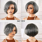 QVR Elegant Salt & Pepper Short Bob Wigs Glueless 13X4 Pre-cut Lace Human Hair Wigs