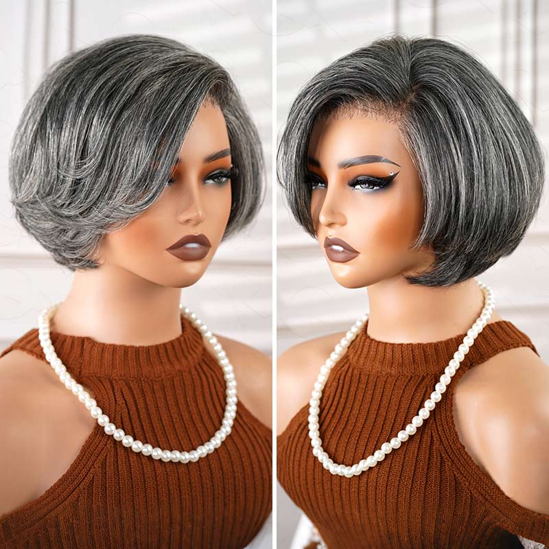 QVR Elegant Salt & Pepper Short Bob Wigs Glueless 13X4 Pre-cut Lace Human Hair Wigs