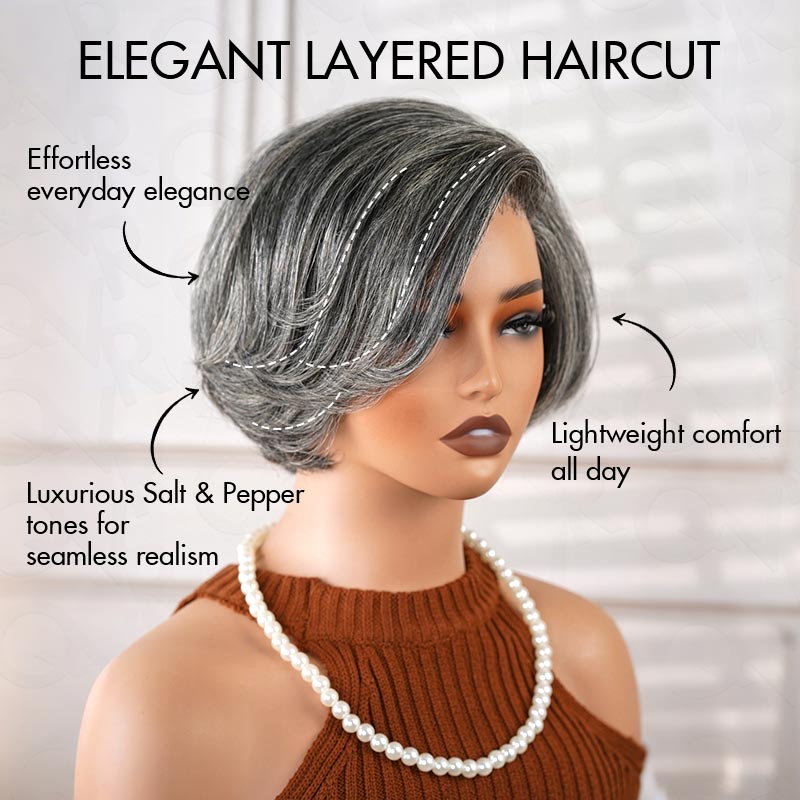 QVR Elegant Salt & Pepper Short Bob Wigs Glueless 13X4 Pre-cut Lace Human Hair Wigs