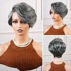 QVR Glueless Silver Grace Short Bob Wig Salt & Pepper Side-Swept Pixie Cut Wig Human Hair Wigs