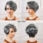 QVR Glueless Silver Grace Short Bob Wig Salt & Pepper Side-Swept Pixie Cut Wig Human Hair Wigs