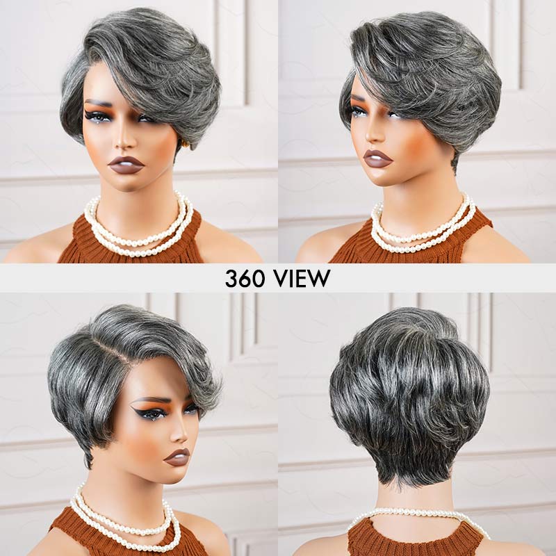 QVR Glueless Silver Grace Short Bob Wig Salt & Pepper Side-Swept Pixie Cut Wig Human Hair Wigs
