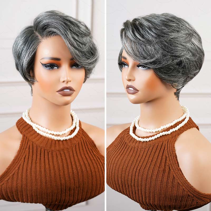 QVR Glueless Silver Grace Short Bob Wig Salt & Pepper Side-Swept Pixie Cut Wig Human Hair Wigs