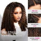 QVR Glueless Burmese Curly #T1B/4 Dark Brown 5X5 Pre-cut Lace Closure Wig with Black Roots Human Hair Wigs