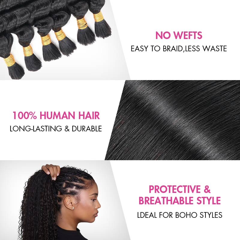 QVR Burmese Curly Boho Knotless Braids Human Bulk Hair Natural Black Human Braiding Hair Extensions
