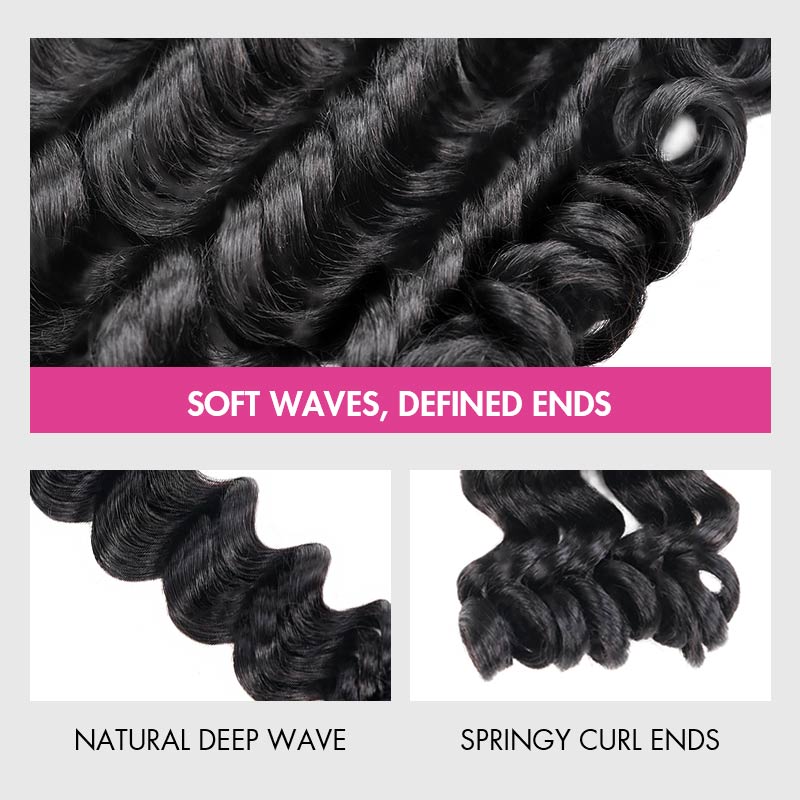 QVR Loose Deep Wave Feather Crochet Human Hair with Spring Curl Ends Machine Made Crochet Weave Hair Extensions