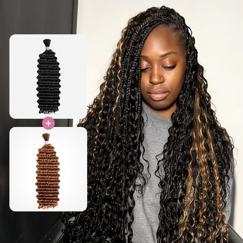 QVR Hightlight #1B+#30 Boho Knotless Braids Human Bulk Hair Deep Wave Human Braiding Hair Extensions