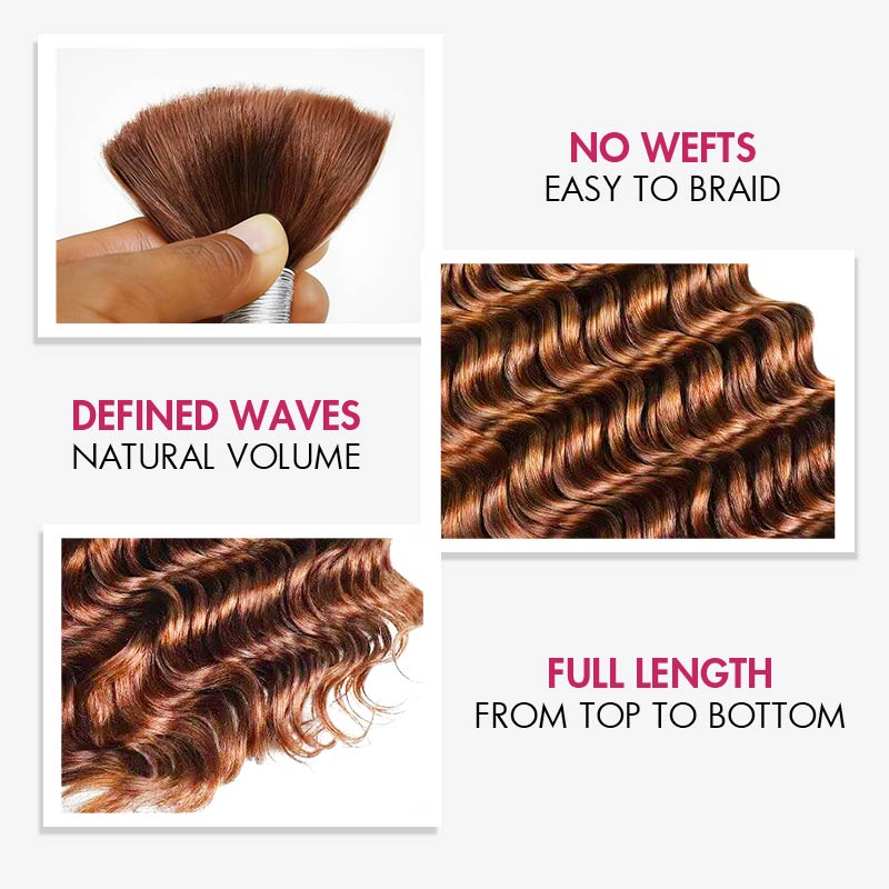 QVR Auburn Brown #30 Boho Knotless Braids Human Bulk Hair Deep Wave Human Braiding Hair Extensions