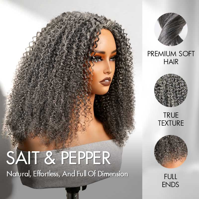 QVR Salt Pepper Kinky Curly V Part Wigs No Leave Out Invisible Lace Edge Human Hair Wig