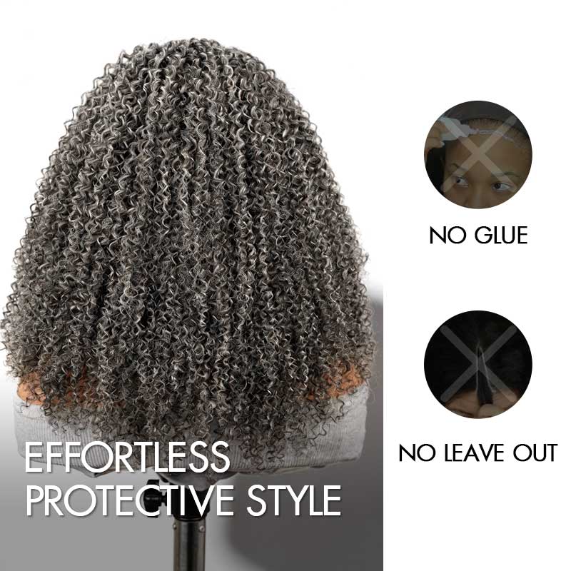 QVR Salt Pepper Kinky Curly V Part Wigs No Leave Out Invisible Lace Edge Human Hair Wig