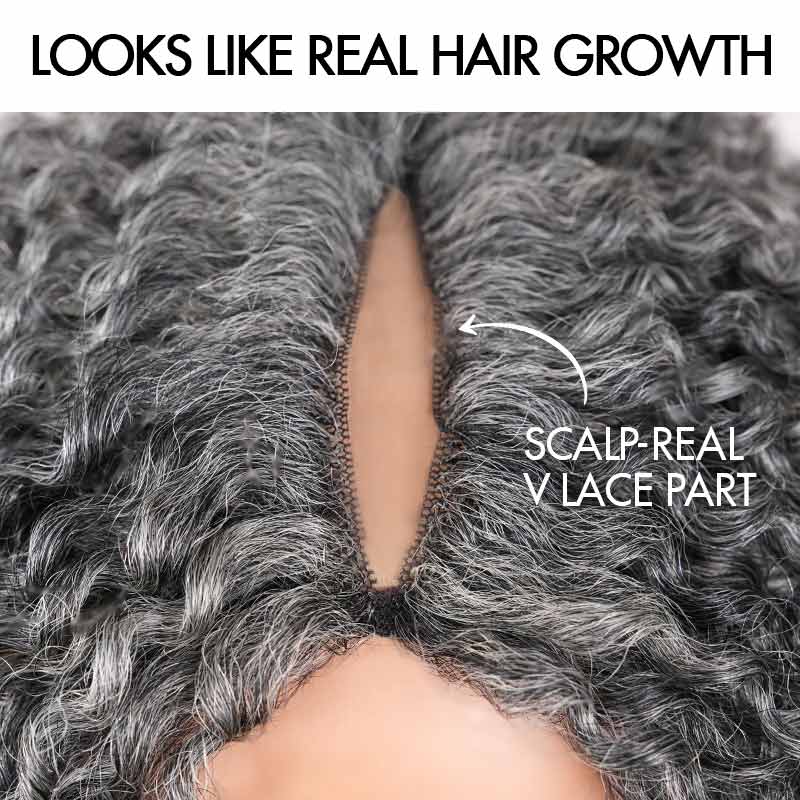 QVR Salt Pepper Kinky Curly V Part Wigs No Leave Out Invisible Lace Edge Human Hair Wig