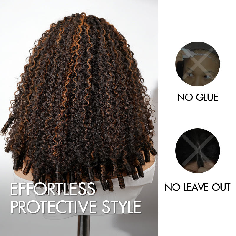 QVR Brown Highlight V Part Wigs Burmese Curly Invisible Lace Edge Human Hair Wig