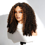 QVR Brown Highlight V Part Wigs Burmese Curly Invisible Lace Edge Human Hair Wig