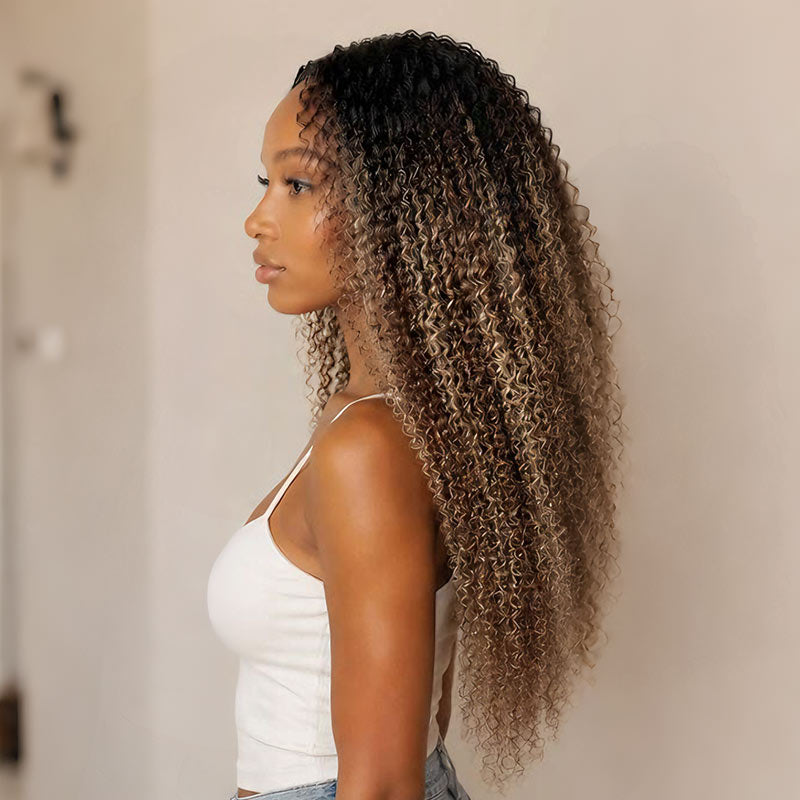 QVR Sun-Kissed Blonde Mixed Highlights Feather Crochet Human Hair Burmese Kinky Curly Miracle Knots Crochet Weave Hair Extensions