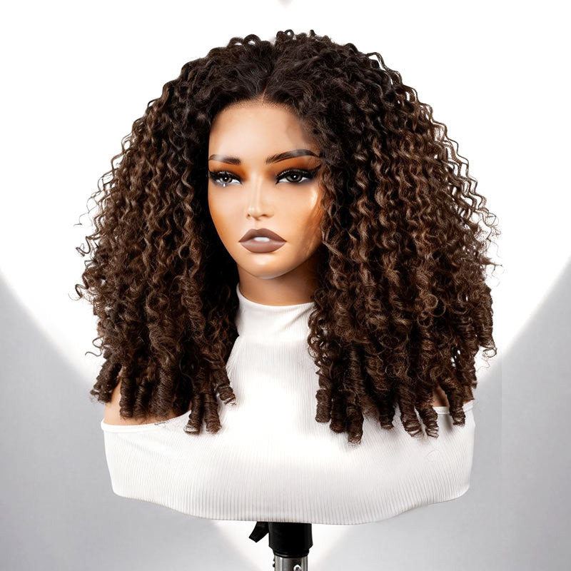 QVR Glueless Burmese Curly #T1B/4 Dark Brown 5X5 Pre-cut Lace Closure Wig with Black Roots Human Hair Wigs