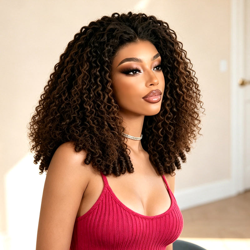 QVR Glueless Burmese Curly #T1B/4 Dark Brown 5X5 Pre-cut Lace Closure Wig with Black Roots Human Hair Wigs