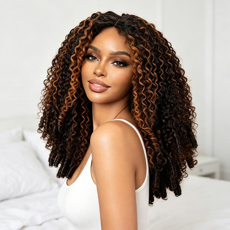QVR Brown Highlight V Part Wigs Burmese Curly Invisible Lace Edge Human Hair Wig