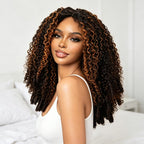 QVR Brown Highlight V Part Wigs Burmese Curly Invisible Lace Edge Human Hair Wig